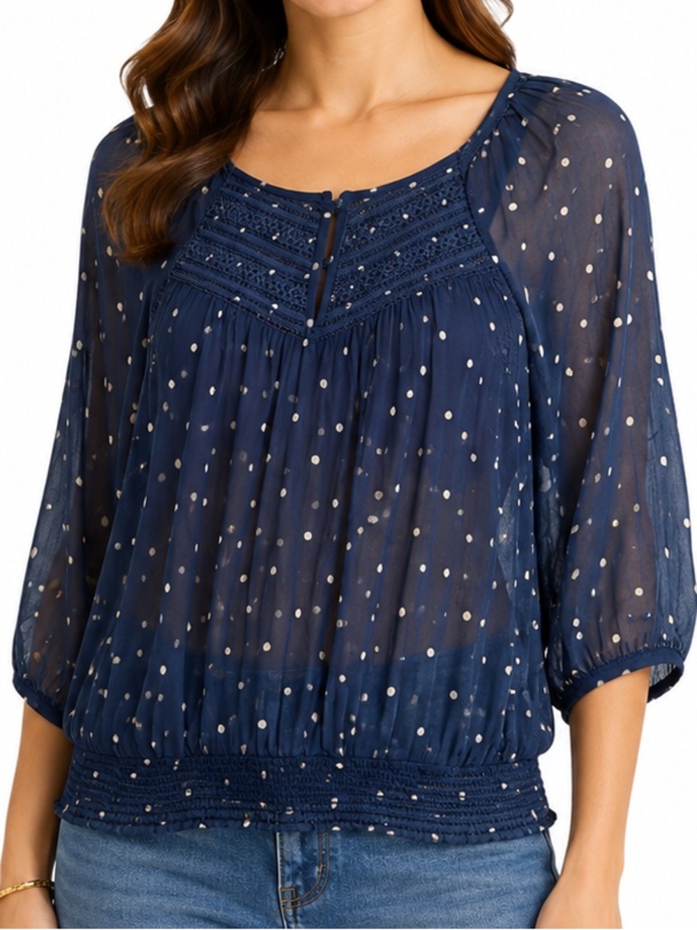 Abercrombie & Fitch Sheer Blouse Navy Blue Polka Dot Boho Smocking Puff Sleeve S